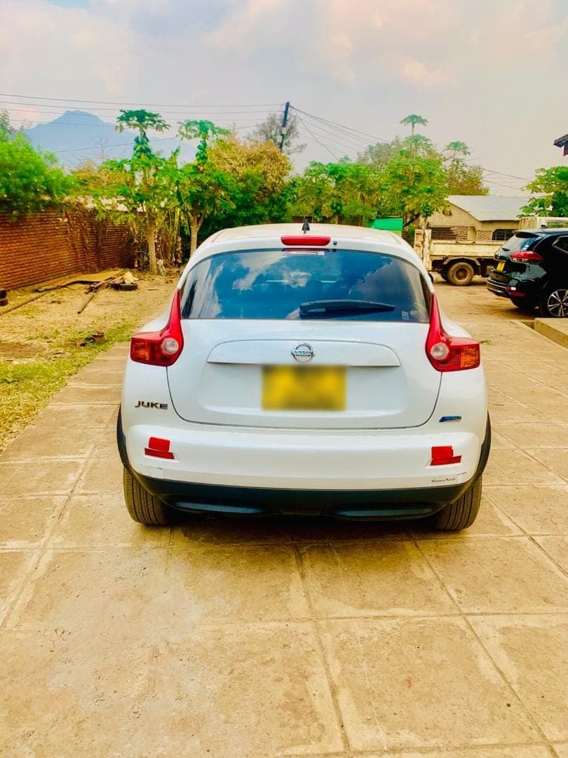 The white Nissan Juke photographed from behind on a paved driveway